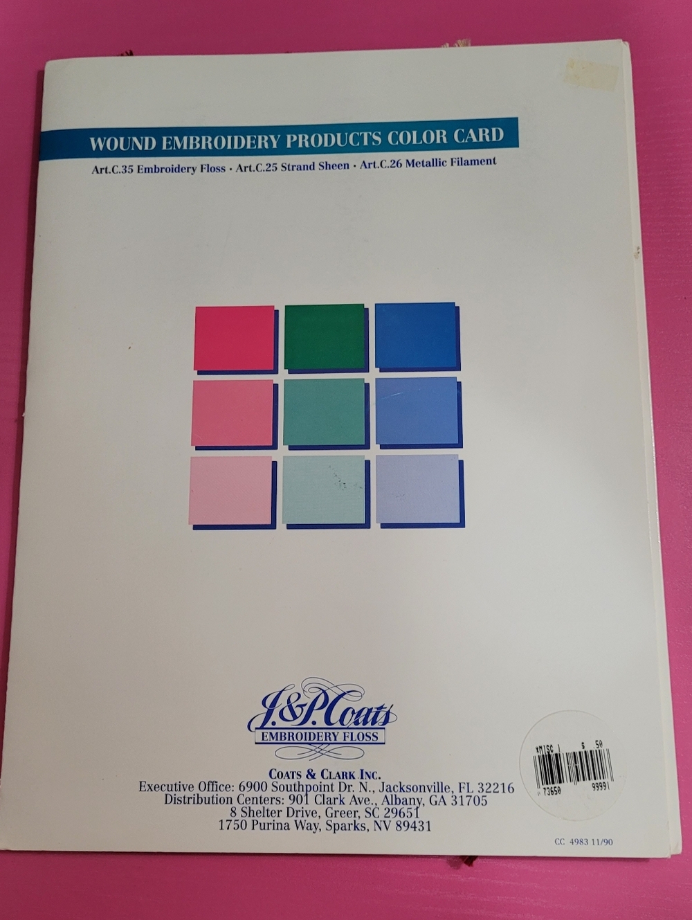 Vintage J & P Coats Embroidery Floss Color Card Folder Actual Floss Examples 593